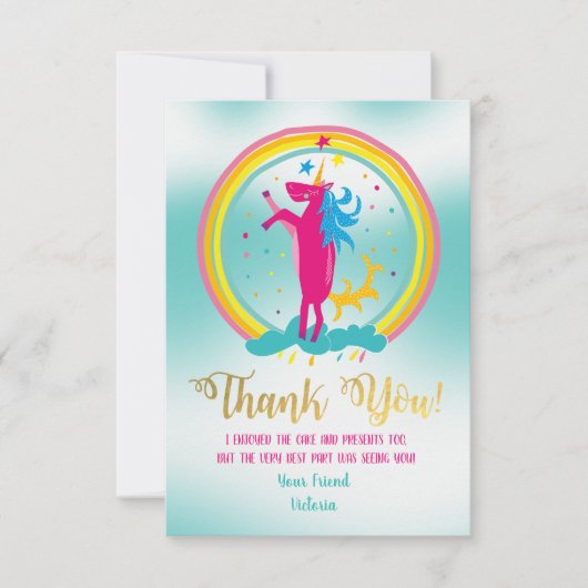 Unicorn rainbowありがとうノートカード 招待状 (正面)