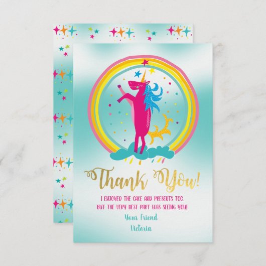 Unicorn rainbowありがとうノートカード 招待状 (正面/裏面)