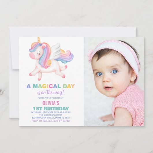 Unicorn Rainbow誕生日招待状と写真 招待状 (正面)