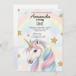 Unicorn Rainbow 1st Birthday Party Invitation 招待状