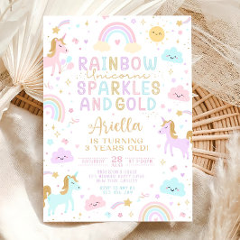 Unicorn Rainbow Birthday Invitation, 3rd Birthday  招待状