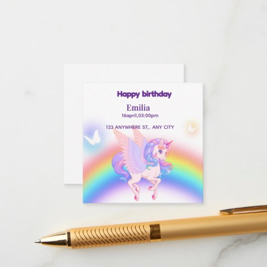 Unicorn Rainbow Birthday Invitation Enclosure Card エンクロージャーカード (正面/裏面インサイチュ)
