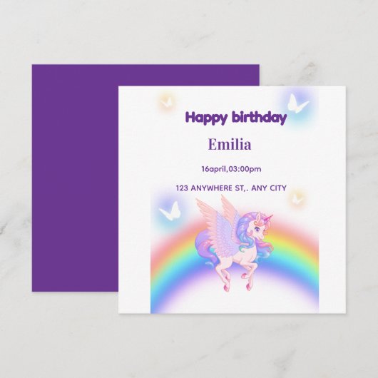 Unicorn Rainbow Birthday Invitation  Flat Card (正面/裏面)
