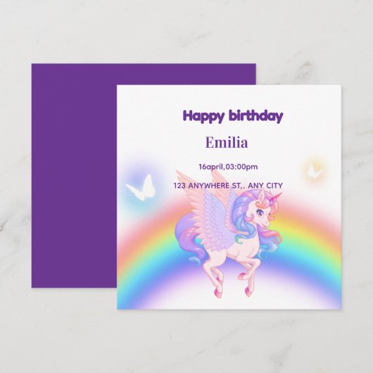 Unicorn Rainbow Birthday Invitation Flat Card (正面/裏面)