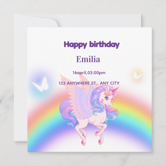 Unicorn Rainbow Birthday Invitation Flat Card (正面)