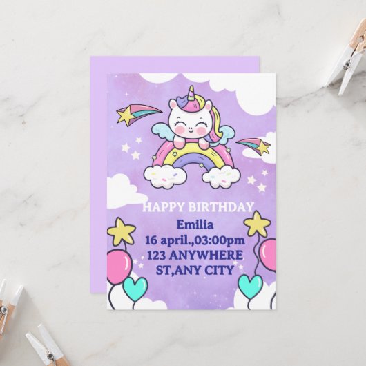 Unicorn Rainbow Birthday Invitation Invitation 招待状 (正面/裏面インサイチュ)