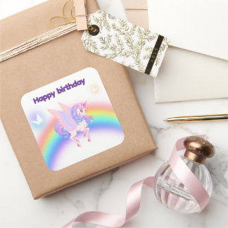 Unicorn Rainbow Birthday Invitation Sticker スクエアシール
