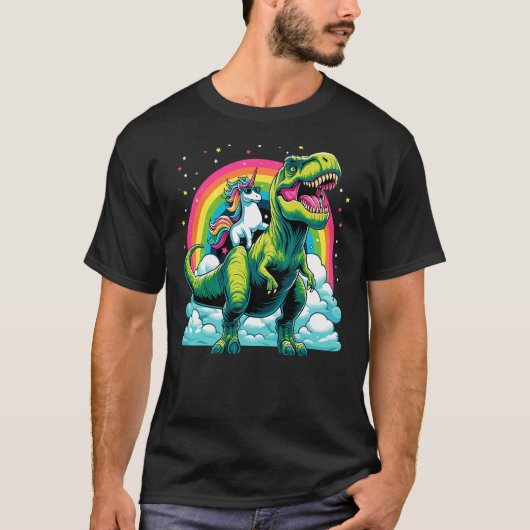 Unicorn Rainbow Birthday Party Unicorn Riding Dino Tシャツ (正面)