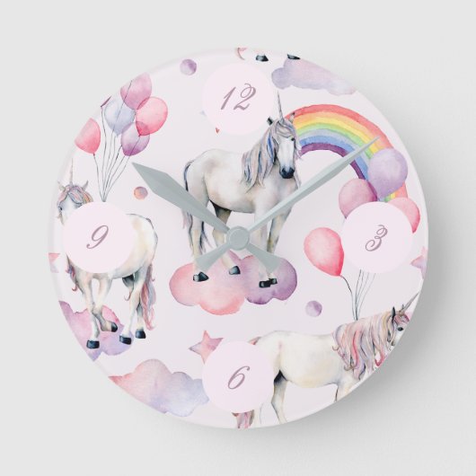 Unicorn Rainbow Clouds Pink FairyTale Balloon Girl ラウンド壁時計 (正面)