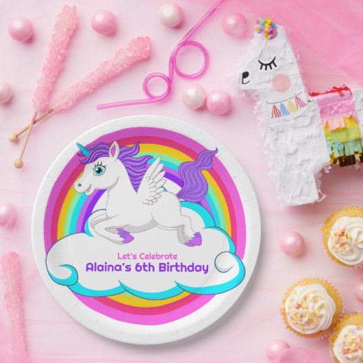 Unicorn Rainbow Clouds Stars Bounce House Gift ペーパープレート (パーティー)