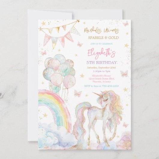 Unicorn Rainbow Gold Birthday Invitation 招待状 (正面)