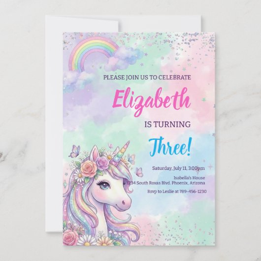 Unicorn Rainbow Magical Birthday 招待状 (正面)