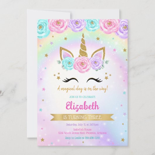 Unicorn Rainbow Magical Birthday Invitation 招待状 (正面)