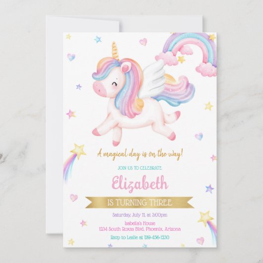 Unicorn Rainbow Magical Birthday Invitation 招待状 (正面)