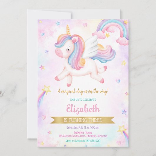 Unicorn Rainbow Magical Birthday Invitation 招待状 (正面)