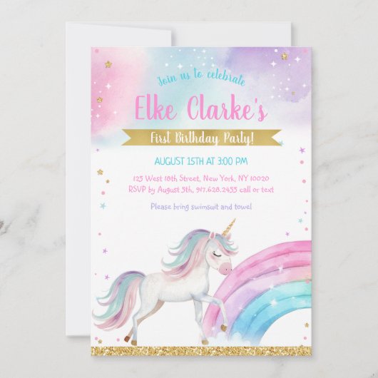 Unicorn Rainbow Magical Day Birthday Invitation 招待状 (正面)