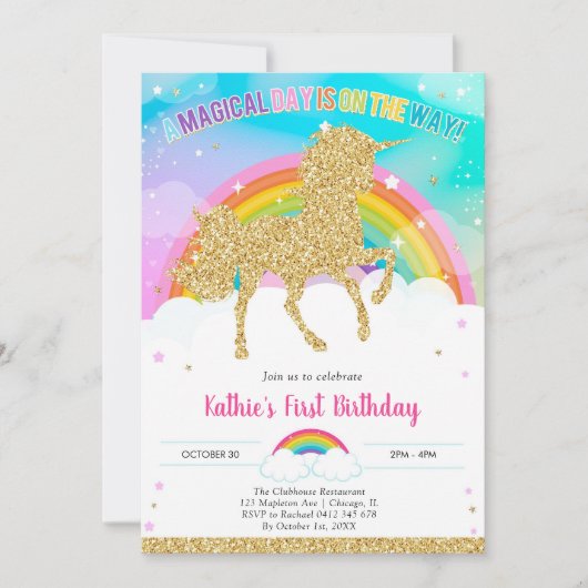 Unicorn Rainbow Magical Day Birthday Invitation 招待状 (正面)