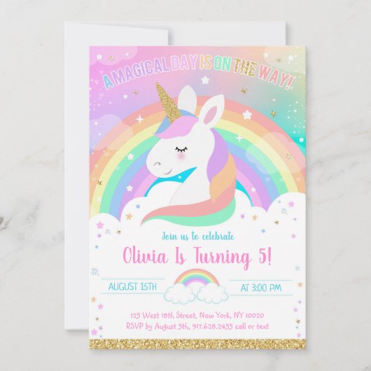 Unicorn Rainbow Magical Day Birthday Invitation 招待状 (正面)