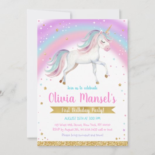 Unicorn Rainbow Magical Day Birthday Invitation 招待状 (正面)