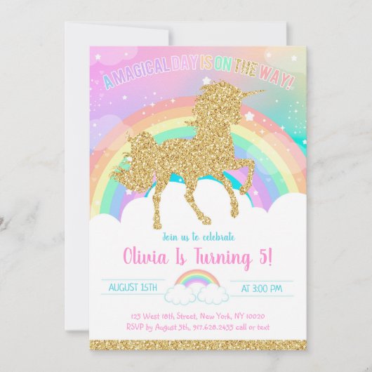 Unicorn Rainbow Magical Day Birthday Invitation 招待状 (正面)