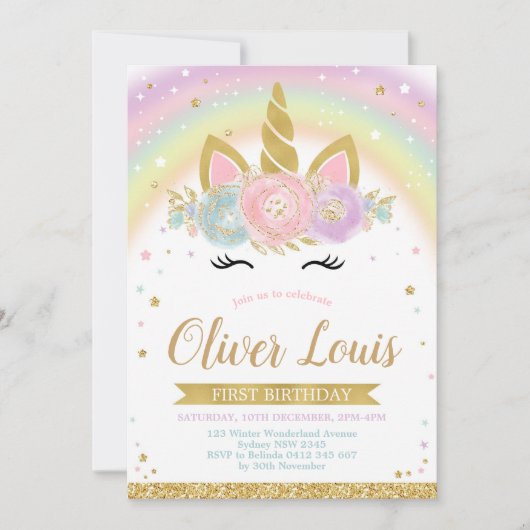 Unicorn Rainbow Magical Day Birthday Invitation 招待状 (正面)