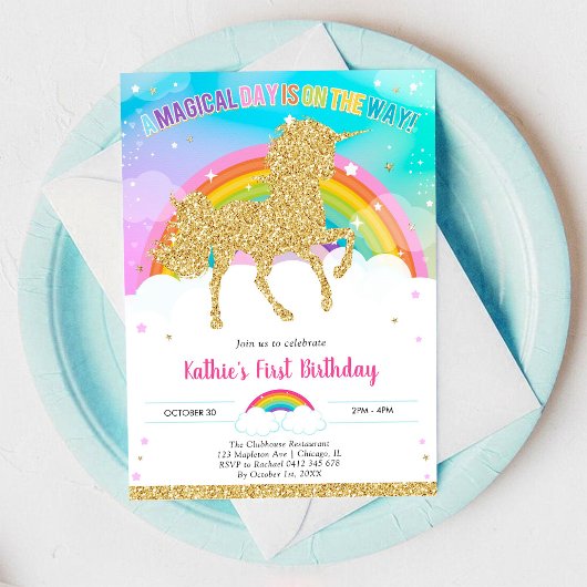 Unicorn Rainbow Magical Day Birthday Invitation 招待状