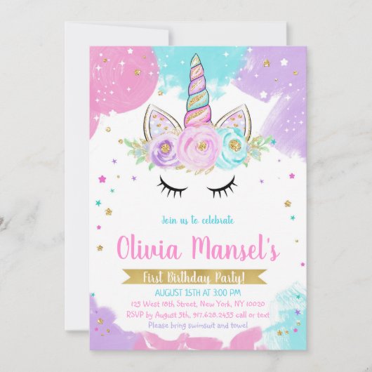 Unicorn Rainbow Magical Day Birthday Invitation 招待状 (正面)