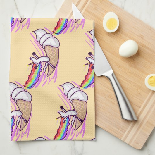 Unicorn Rainbow Riding Ice Cream Cone キッチンタオル (四つ折り)