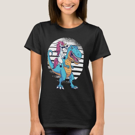 Unicorn Riding Dinosaur Rex Retro Sunset Boys Girl Tシャツ (正面)
