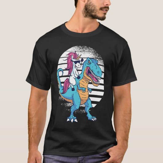 Unicorn Riding Dinosaur Rex Retro Sunset Boys Girl Tシャツ (正面)