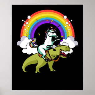 Unicorn Riding T-Rex Dinosaur Magical Rainbow ポスター
