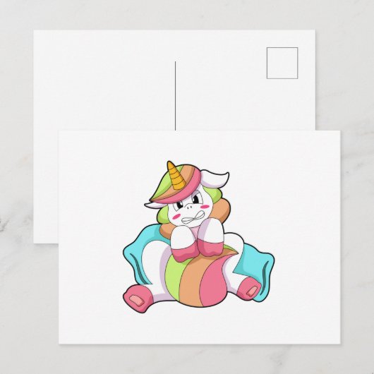 Unicorn Shy with Pillow ポストカード (正面/裏面)