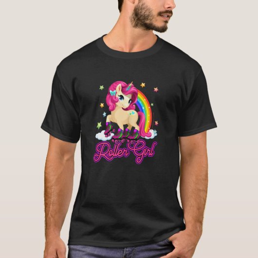Unicorn Skating Retro 70s 80s Roller Girl Rainbow Tシャツ (正面)