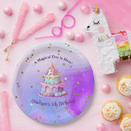 Unicorn Sparkleブルーパープルケーキ4th Birthday ペーパープレート