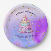 Unicorn Sparkleブルーパープルケーキ4th Birthday ペーパープレート (正面)