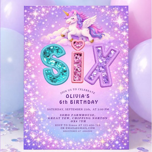 Unicorn Sparkle 6th Birthday  Girl Invitation 招待状