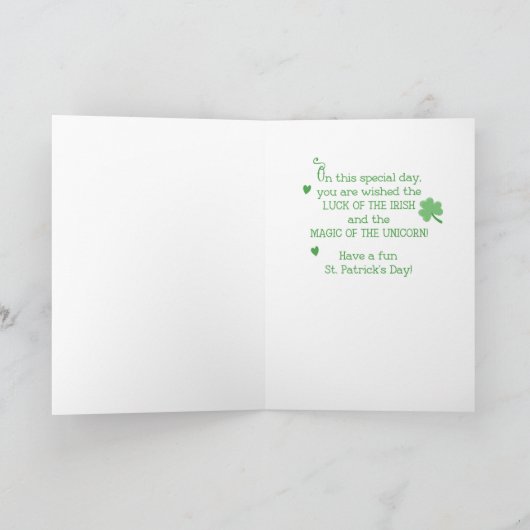 Unicorn St. Patrick's Day Wishes with Shamrock カード (内部)