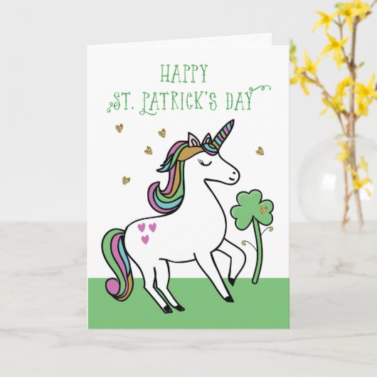 Unicorn St. Patrick's Day Wishes with Shamrock カード (黄色い花)
