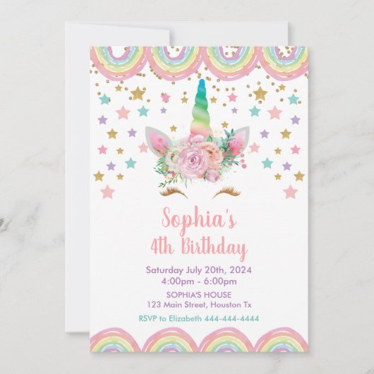 Unicorn stars rainbow Birthday Invitation 招待状 (正面)