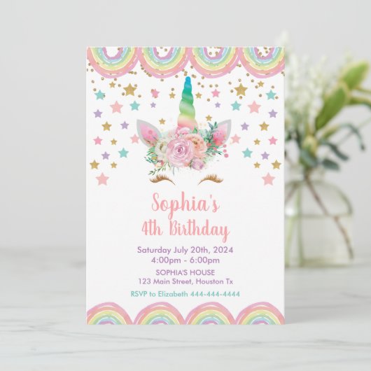 Unicorn stars rainbow Birthday Invitation 招待状 (スタンド正面)