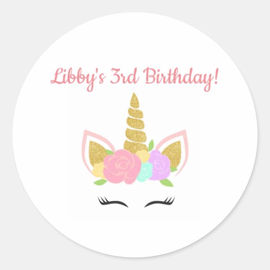 Unicorn Themed Birthday Party Sticker Round ラウンドシール (正面)