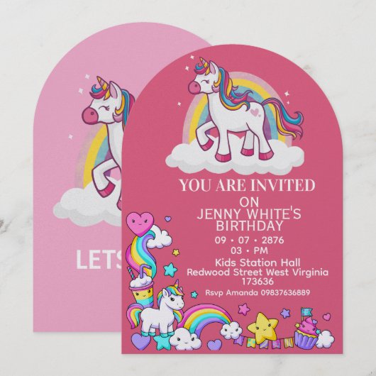 Unicorn Themed Girl Birthday Invitation  招待状 (正面/裏面)