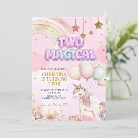 Unicorn Two Magical Pastel Birthday Invitation 招待状 (スタンド正面)
