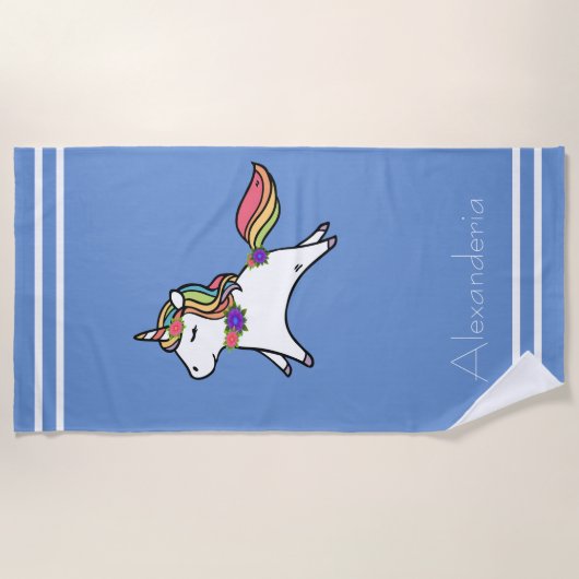 Unicorn w/虹の紫のピンクの花よちよち ビーチタオル (正面)
