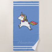 Unicorn w/虹の紫のピンクの花よちよち ビーチタオル (正面)