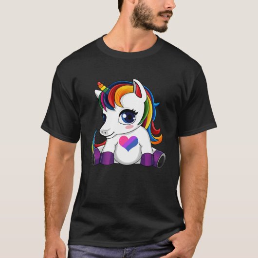 Unicorn with Bisexual Flag Heart  Bisexual Flag Tシャツ (正面)