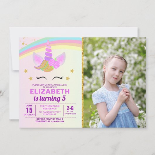 Unicorn with Magic Rainbow Birthday Girl 招待状 (正面)