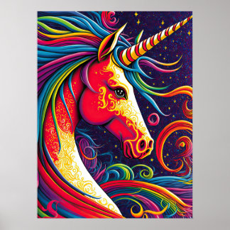 Unicorn with Rainbow Mane and Starry Night Ai Art ポスター