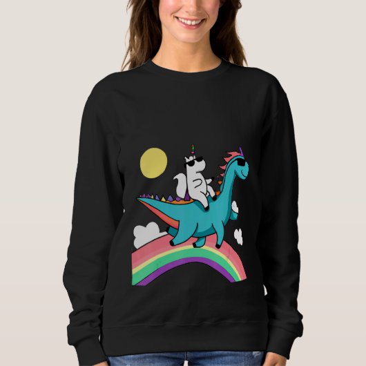 unicorn with sunglasses riding a dinosaur and rain スウェットシャツ (正面)