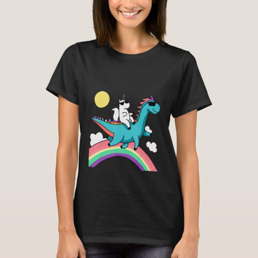 unicorn with sunglasses riding a dinosaur and rain tシャツ (正面)